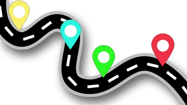 An animation of colorful map pins appearing on a winding road. This clean infographic animation.