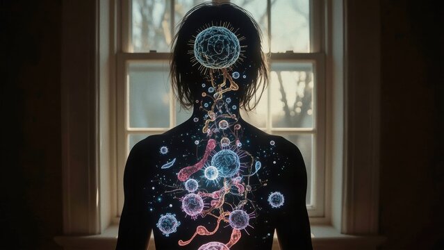 Microbiome. Skin Ai singularity Highly sensitive person Biohacking Self healing process Innerwell Cybin Insilico Medicine neuroimmune Silhouette woman with colorful cosmic mandala tattoo backl