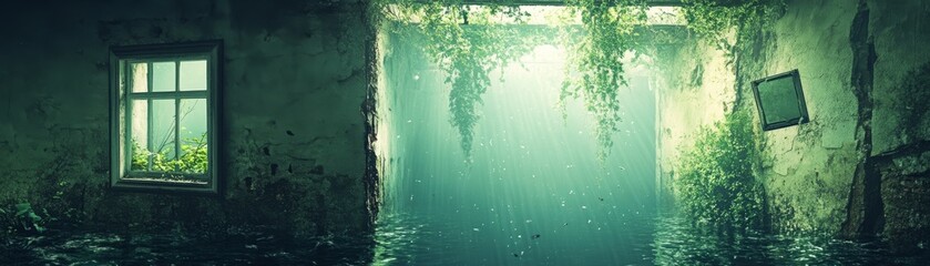 Fototapeta premium Overgrown Ruin Window to Nature's Return, Abandoned , Decay