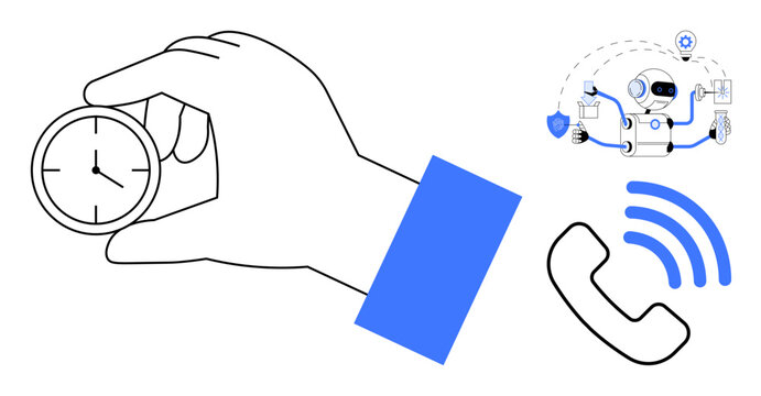 Hand holding clock symbolizing time management with a robot managing communication, automation, and technology. Ideal for productivity, AI, automation, efficiency, tech support, time management
