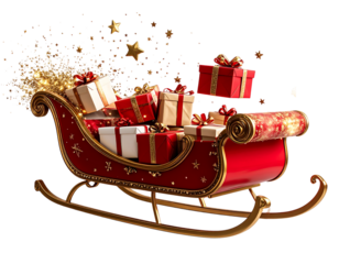  Flying Sleigh with Floating Gifts and Magic Trail, Rear Perspective, isolated transparent background png