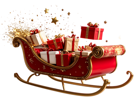  Flying Sleigh with Floating Gifts and Magic Trail, Rear Perspective, isolated transparent background png