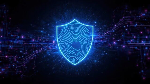 Passwordless Authentication. Blue digital shield with fingerprint, cyb