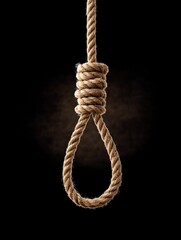 A close-up view of a noose made from thick rope against a dark background