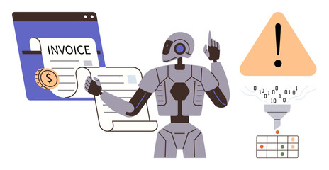 Robot analyzing invoices with a screen, currency symbol, error alert, binary code funnel, organized data table. Ideal for automation, AI, fintech analytics error detection technology workflow. A
