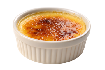 Crème brûlée dessert in white ceramic dish with golden caramelized sugar crust, rich custard beneath surface, isolated on a transparent background