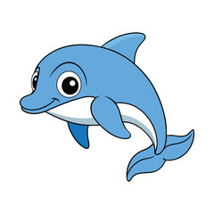 Blue cartoon dolphin with big eyes on white background