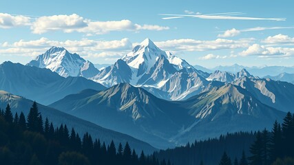 Majestic snow capped mountains under a cloudy blue sky