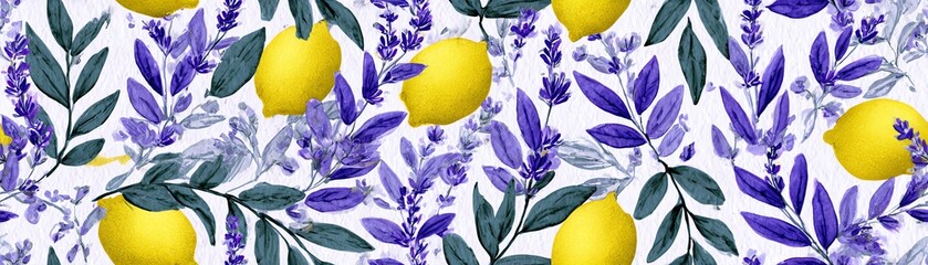 Seamless A vibrant pattern of lemons and lavender with green leaves, white isolated background.