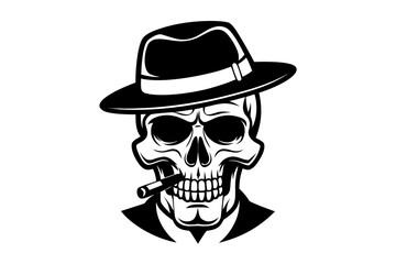 Stylized skull wearing a fedora and smoking a cigar in a suit