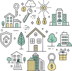 Fototapeta premium Houses buildings money keys and trees in a doodle style money bag