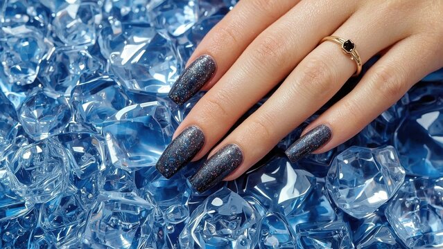 Rubber base gel. Shiny dark nails with sparkles on hand over blue ice 