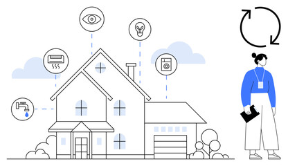 Obraz premium House with smart devices for lights, heating, water monitoring, and security. Woman holding clipboard and arrows denoting system feedback. Ideal for technology, efficiency, sustainability, IoT