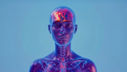 Somatics. Futuristic human anatomy model with glowing veins and brain 