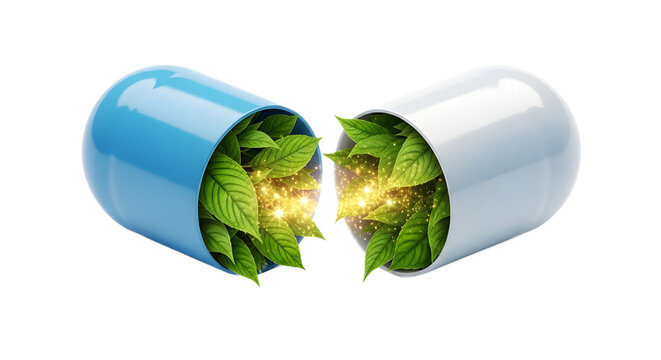 Herbal medicine capsule with glowing green leaves isolated on white background