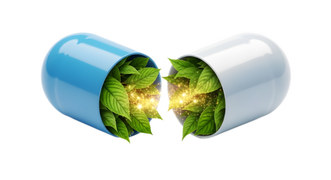 Herbal medicine capsule with glowing green leaves isolated on white background