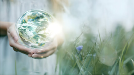 Hands Holding Earth – Environmental Awareness Portrait in Nature with Soft Sunlight and Warm Film Aesthetic
