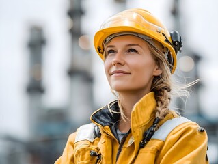 Confident Woman Industrial Worker in Safety Gear at Modern Plant – Female Engineer, Oil & Gas, Renewable Energy, 4K Stock Photo
