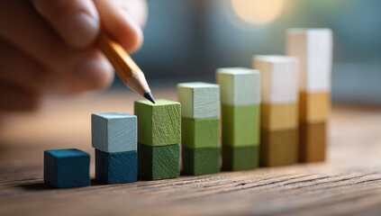Hand placing pencil on a rising wooden bar graph