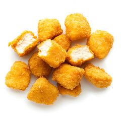 Golden, crispy chicken nuggets with a crunchy exterior and tender interior, arranged on a white background.