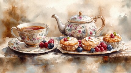 Fototapeta premium Watercolor illustration of British afternoon tea,tea break in the English style,tea set with Afternoon tea stand with macaroons and scone,cake,cup of tea,Tea time dessert table,vintage style.