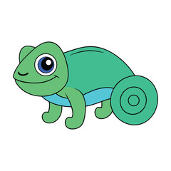 Green cartoon chameleon with blue belly on white background