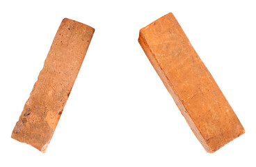 Side view of two cracked old red or orange bricks in set isolated with clipping path in png file format