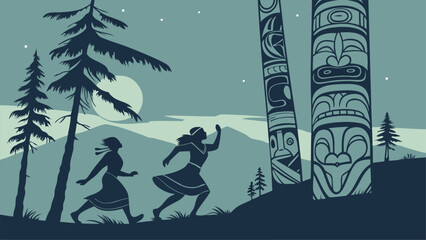 Serene Native American women silhouettes dance beneath a mystical moonlit sky near ancient totem poles, evoking a peaceful, spiritual atmosphere in a stylized, minimalist vector illustration.