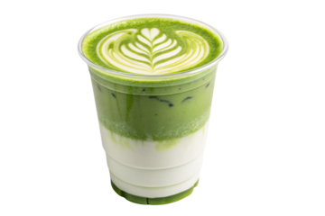 Iced matcha green tea latte with foam art in clear plastic cup with layers, isolated on a transparent background