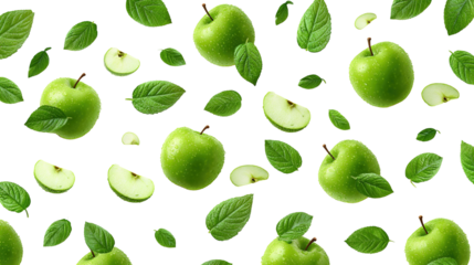 Green apple with water splash on transparent background