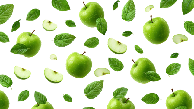 Green apple with water splash on transparent background