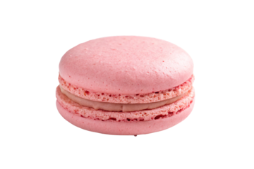 Pink macaron sandwich cookie with smooth dome shells and cream filling between two layers, isolated on a transparent background