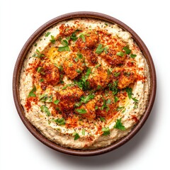 Creamy hummus topped with spiced chickpeas and fresh herbs