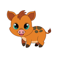 Cute cartoon baby warthog with green eyes on white background