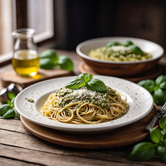 Spaghetti with Pesto Sauce and Parmesan Cheese Garnished with Fresh Basil

