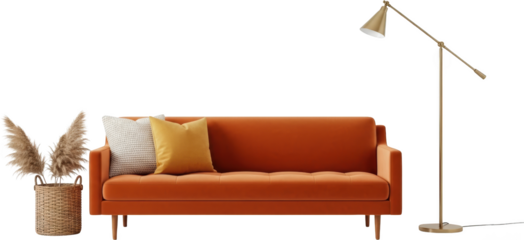 Orange sofa with two textured pillows beside a dried grass in a woven basket and a brass floor lamp isolate