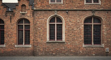 Fototapeta premium A close-up shows a red-brick building exterior. Three arched windows with red frames sit against the weathered wall. Dark grid panes fill each window