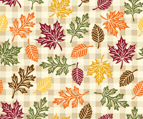 Seamless Pattern of Fall and Autumn Leaves with Plaid Background- Autumn Vector Illustration