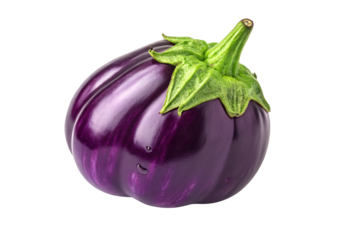Round purple eggplant with shiny dark violet skin and bright green star-shaped calyx top, isolated on a transparent background