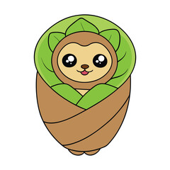 Cute baby sloth wrapped in green leaves animal cartoon