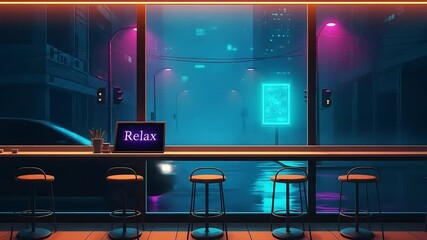 Cozy Coffee shop with Night city cafe, rain, neon lights, bar stools, relax - Powered by Adobe