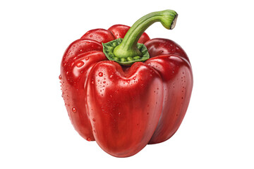 Fresh red bell pepper with water droplets on shiny surface and green curved stem, isolated on a transparent background