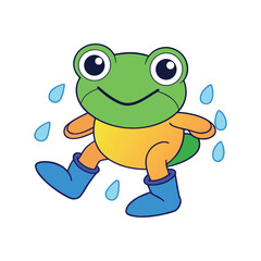Cute cartoon frog jumping in blue rain boots puddle