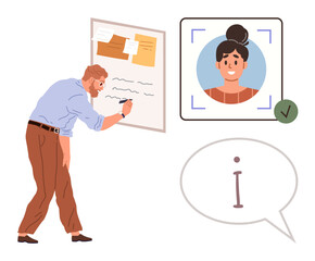Man writing on board with notes, large photo ID verification frame, and information speech bubble. Ideal for identity check, planning, organization, profiles, brainstorming, productivity simple flat