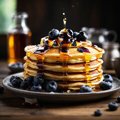 Stack of Blueberry Pancakes with Maple Syrup Drizzle and Fresh Berries

