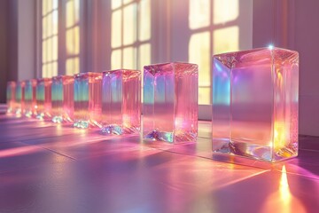 3d abstract glass square shapes in row. Iridescent crystal transparent plates, flying rainbow panels with holographic gradient, dispersion light for ui design, digital tech background. 3D illustration