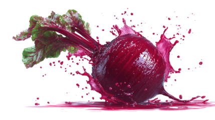 Two halves of a fresh beet with red juice splash isolated on white background