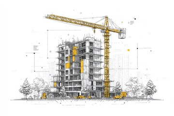 Architectural drawing of a multi-story building under construction, with crane