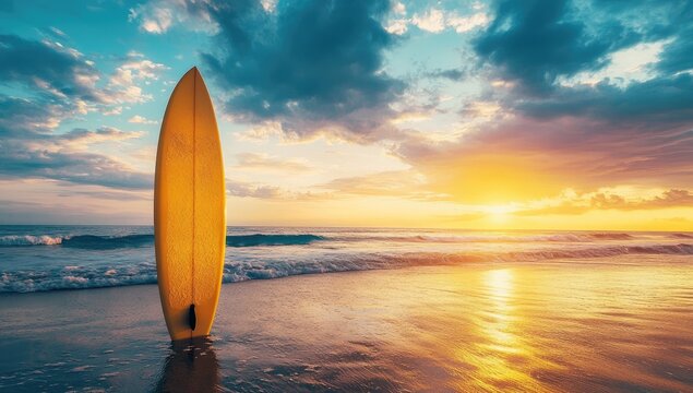 Golden surfboard at sunset on a beach (1)