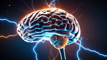 Human brain spins against dark background of neural connections that glow and flash like lightning. Concept of studying brain, its abilities or diseases, medical and scientific research. - Powered by Adobe